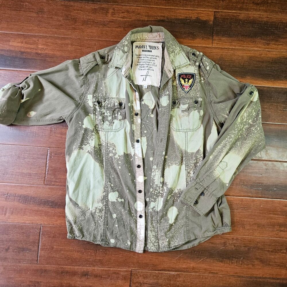 Miguel Torres Woodsman Men's L Olive Green Bleach Splatter Patch Button Down